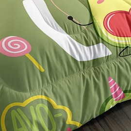 Suncloris Cartoon Avocado Comforter Set, Lovely Avocado Couple Work Out Pattern Bedding Bedspread for Kids and Adults, Green Yellow Tropical Fruits Quilt Bedroom Decor with 2 Pillow Cases (03, Queen)