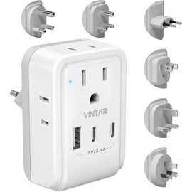 Universal Travel Adapter Kit, VINTAR International Plug Adapter with 3 USB Ports(2 USB C, 3.4A) & 2 American Outlets, Type A,C,G,D,I,M Swap&Adapt Attachments, Adapter for US/EU/UK/India/AUS/Africa - style: Type C/G/E/F - All Europe