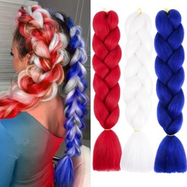 Jumbo Braiding Hair Extensions 24 Inch Colored Long Braids Hair Pre Stretched High Temperature Synthetic Fiber Twist Crochet Ombre Jumbo Braiding for Women Girls (Red White Dark Blue)