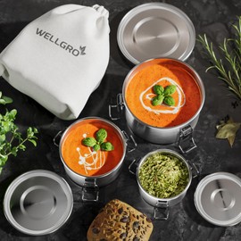 WELLGRO Stainless Steel Tin Set Round - 250 ml 480 ml 780 ml Leak-Proof Metal Lunch Box Lunch Box