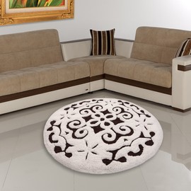 Saffron Fabs Bath Rug 100% Soft Cotton, 36 Inch Round, Damask Pattern, Latex Spray Non-Skid Backing, Chocolate/Ivory Color, Hand Tufted, Heavy 200 GSF Wt, Machine Washable, Construction