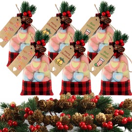 72 Pcs Christmas Drawstring Bags Set 24 Xmas Buffalo Plaid Burlap Candy Bags Linen Treat Bags with 3.28 ft Rope, 24 Kraft tags, 24 artificial Christmas Pine Picks Xmas Gift Wrapping (Organza)