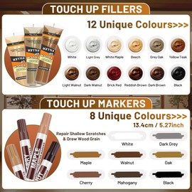 REHOUPTY Wood Furniture Repair Kit, All-in-One Laminate Floor Repair Kit - Wood Putty, 12 Colors Wood Filler & 8 Colors Furniture Markers and Beeswax, Wood Repair for Scratch Cracks Hole Discoloration
