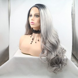 High Temperature Fiber Natural Long Body Wave Black/Light Grey Ombre Lace Front Wigs For Drag Queen Pastel Gray Lace Wig With Black Roots Hand-Tied Middle Part Synthetic Hair For Women Daily Use 24"