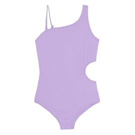 Kanu Surf Girls' Cori Beach Sport One Shoulder Side Cut UPF 50 1Pc Swimsuit, Rib Solid Lavender