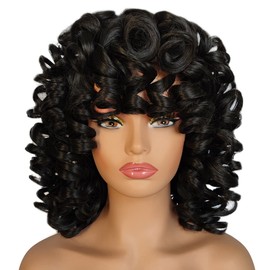 KEAT Curly Wigs for Black Women Short Kinky Curly Wavy Black Wig with Bangs Cute Natural Hair Replacement Wigs Heat Resistant Synthetic Wigs for Daily Party K022BK