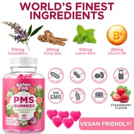 Beary Fine PMS Gummies - PMS Vitamins for Women & Teens - PMS Period Relief - Cramping, Bloating, Mood Swings - Made in The USA (Strawberry, 60 Count)