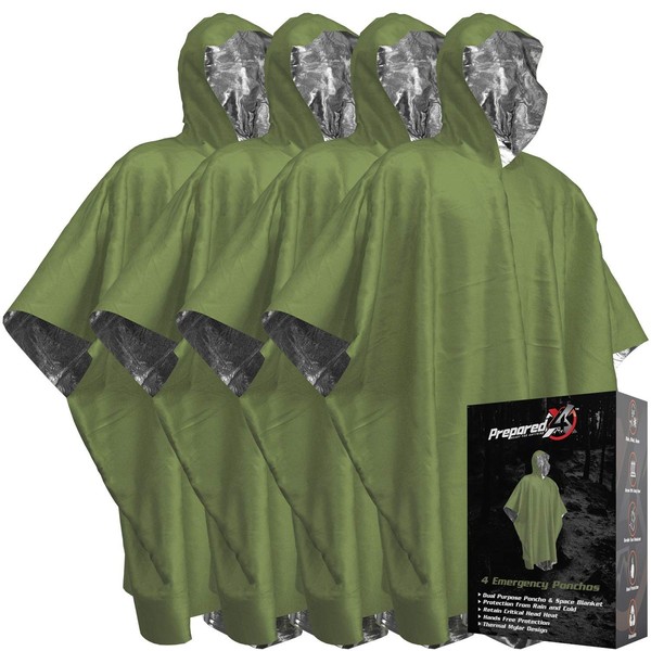 Emergency Blankets & Rain Poncho Hybrid Survival Gear and Equipment – Tough, Waterproof Camping Gear Outdoor Blanket – Retains 90% of Heat + Reflective Side for Increased Visibility – 4 Pack (Green)