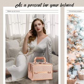 Joligrace Beauty Makeup Train Case for Lady Portable Cosmetic Box Jewelry Organizer Lockable with Keys and Mirror 2-Tier Trays Carrying with Handle Makeup Storage Box - Rose Gold