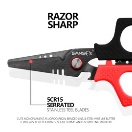 SAMSFX 6.5" Pro Fishing Shears Dual Serrated Blades, Fishing Braided Line Scissors with Titanium Coating, Non-Slip Grip & Multifunction Tool, Includes Hard Molded Locking Sheath & Coiled Lanyard
