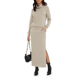 Casly Lamiit Womens 2 Piece Skirt Set Winter Lounge Turtleneck Tops Pocket Long Skirts Travel Outfits Dressy Casual Knit Clothes Dark Beige M