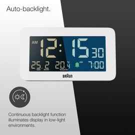 Braun Digital Alarm Clock with Date, Month and Temperature Displayed, Negative LCD Display, Quick Set, Crescendo Beep Alarm in White, model BC10W.