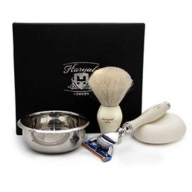White Hair Badger Hair Set in Ivory Color. The Set Includes Shaving Brush,3 Different Razors Type to Choose(Blades NOT Included), Stainless Steal Bowl (5 Edge Razor)