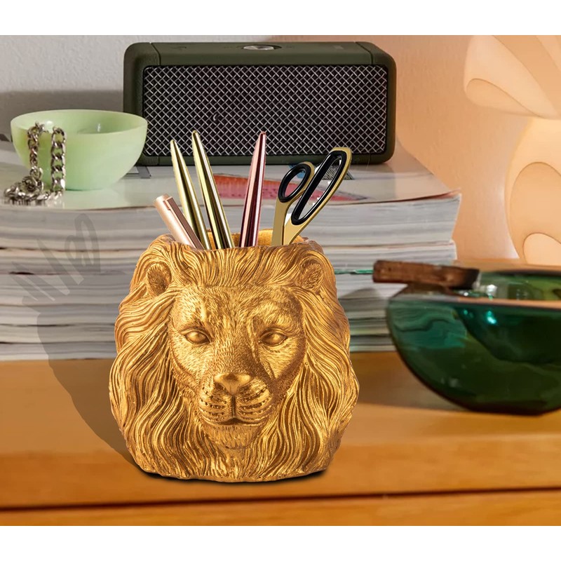 dgudgu Lion Pencil Holder For Desk Golden Pen Holder For