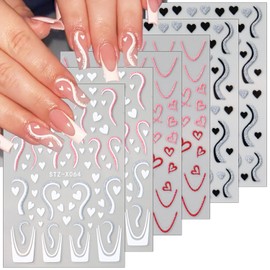 6 Sheets Valentines Nail Art Stickers French Tip Nail Stickers for Nail Art 3D Self-Adhesive Stripe Nail Decals with Glitter Heart Nail Design Stickers for Women Valentine's Day Nail Decoration