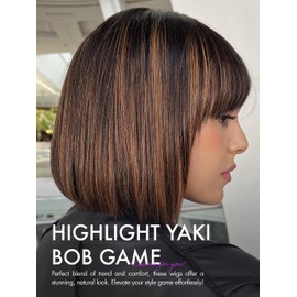 LUVME HAIR 12 Inch Yaki Straight Bob Wig with Bangs Human Hair Glueless HD Lace Bob Wig with Brown Highlights, Ready to Go Short Wigs For Women 180 Density Breathable Cap