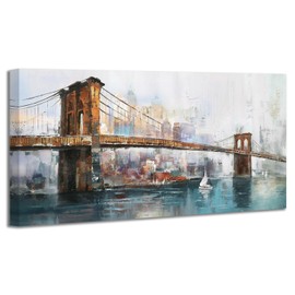 Acocifi Wall Art Cityscape Abstract Canvas Painting Brooklyn Bridge Picture, Large Wrapped Canvas NYC Skyline Picture Colorful Modern Artwork for Living Room Bedroom Bathroom Office Home Decor 40x20