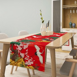 Houselerax Japanese Cherry Blossom Crane Table Runner,Asian Pine Tree Crane Birds Chinese Red Farmhouse Rustic Table Runner for Party Holiday Dining Room/Kitchen,13 x 36 Inch