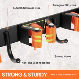 Gorlary Mop and Broom Holder Wall Mount, Broom Hanger Organizer Storage Racks, SUS304 Stainless Steel Heavy Duty Utility Hooks, Black (5 Racks and 4 Hooks)