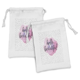 Ambesonne Hello Fabric Pouch Set of 2, Words Watercolor Flower Pattern and Celebration Background, Small Drawstring Bag for Toiletries Masks and Favors, 9" x 6", Pale Pink Lavender Black