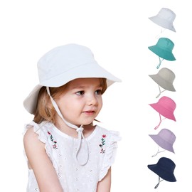 Kids Sun Wide Brim Hat UV Protection Summer Beach Bucket Hat Breathable Adjustable Fisherman Cap for Toddler Boys Girls (Medium, White)