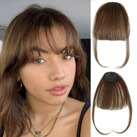 Clip in Bangs 100% Real Huamn Hair Bangs Clip Light Brown Clip on Bangs Hair Extensions Fake Bangs Human Hair French Bangs Hair Clip on Fringe With Temples Hairpieces Curved Bangs For Daily Wear