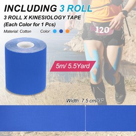 PATIKIL 5.5 Yard x 3 Inch Kinesiology Tape, 3 Roll Adhesive Cotton Sports Muscle Support Tapes Waterproof Elastic Tape for Knee Ankle Wrist Shoulder, Orange/Dark Blue/Blue