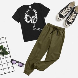 OXUBOAO Kids Boys Clothes Outfits Summer Short Sleeve T Shirts + Drawstring Waist Pants Set Black Tees Tops (Green, 8-10T)