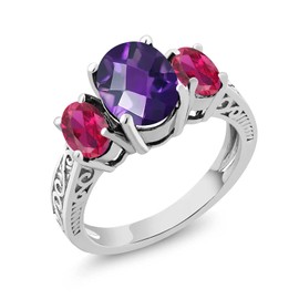 Gem Stone King 2.60 Ct Oval Checkerboard Amethyst Red Created Ruby 925 Sterling Silver 3-Stone Ring (Size 7)