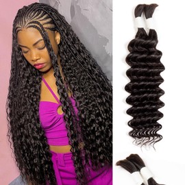 Human Hair Braiding Hair Deep Water Wave 2 Bundles/Pack 50g 14 Inch, Bulk Human Braiding Hair for Boho Braids Natural Color for Women