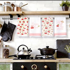 Fakindiy Cherry Kitchen Towels Set of 4,16x24 Inch Super Absorbent Microfiber Dish Towels, Cherry Hand Tea Towels with Happy Home & Bless This Home for Kitchen Farmhouse Decor