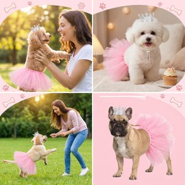 Pet Dog Tutu Dress with Pearl Crown Dress Dog Birthday Outfit Dogs Tutu Skirt Costume Adjustable Dogs Birthday Party Photo Prop Supplies for Small Medium Pet