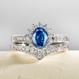 Gobaalele Cubic Zirconia Wedding Ring Set Oval Cut Bridal Set 5A Grade CZ Diamond Blue Sapphire Engagement Promise Anniversary Ring for Women Size6.5