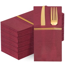 Nervure 100PCS Burgundy Red Paper Napkins with Built-in Flatware Pocket - Burgundy Red and Gold Prefolded Cloth Like Disposable Napkins - Heavy-duty Linen-Feel Dinner Napkins for Christmas & Party