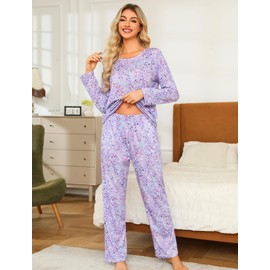 ENJOYNIGHT Womens Pajama Set Cotton Long Sleeve Pjs Two Piece Sleepwear with Pockets (XX-Large, PU) Purple