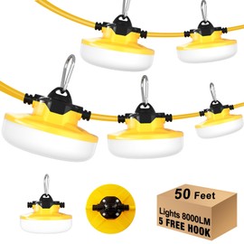 JC-LGL LED Construction String Light 50FT, 65W 8000Lm Industrial LED String Work Lights with 5 Bulbs, 5000K Linkable Work Lights Temporary Lighting for Construction Site, Job Site, Attic, Crawl Space