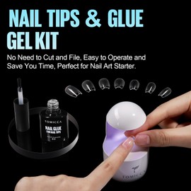 TOMICCA Ballerina Short Nail Tips with Nail Glue Set, Nail Tips for Gel Nails, Full Coverage, Soft & 8 ml Nail Glue Gel, Artificial Nail Tips for Nail Studio, Salon, DIY, 150 Pieces, 15 Sizes