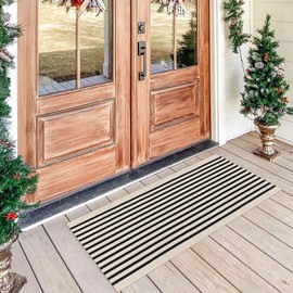 KOZYFLY Black and Beige Striped Porch Rug 2x4.3 Ft Washable Outdoor Rug Farmhouse Outdoor Doormats Front Door Rug Striped Runner Rug for Front Door Kitchen Hallway Bedroom Laundry Room