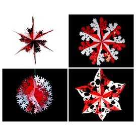 Set of 4 40cm Christmas Foil Ceiling Garland Hanging Xmas Decoration, Long Star, Snowflake, Star Ball & Star (White & Red)