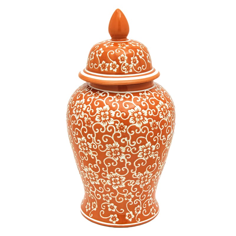 Red Lantern 18" White Flowers on Orange Temple Jar