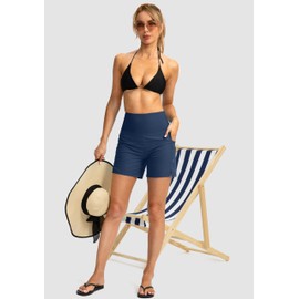 G Gradual - Pantalones cortos de natación de cintura alta para mujer, de 5 pulgadas, con bolsillos para el teléfono, UPF 50+, pantalones cortos de playa de secado rápido para mujer con forro, Azul,