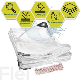 Transparent Tarpaulin with Eyelets, Waterproof Tarpaulin with Rope, 420 g/m² PVC Outdoor Curtain for Garden Furniture, Greenhouse, Gazebo, Balcony, 1 x 1 m