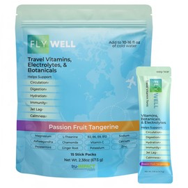 FlyWell Travel Vitamin Tonic for Flight, Jet Lag, Hydration, Circulation, Digestion & Immune Support, Promotes Calmness, Electrolyte Powder, Travel Essentials, Passion Fruit Tangerine, 15 Sticks