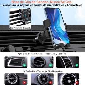 Keakitay Soporte para Celular Automóvil, Porta Celular para Auto con Gancho Metálico, Rotación 360º, Soporte Celular Auto para ventilas del Carro, Universal Todos los Celular de 4.0''-7.2'', Negro