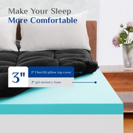 Dual Layer 3 Inch Memory Foam Mattress Topper King Size, 2 Inch Cooling Gel Memory Foam Plus 1 Inch Down Alternative PillowTop Mattress Pad Cover with 8-21 Inch Deep Pocket Black