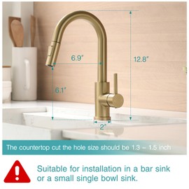 Cenosa Modern Bar Sink Faucet for Kitchen Sink Single Handle with Pull Out Sprayer Hot and Cold Prep Sink Faucet Brushed Gold