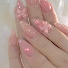 24 Pcs Almond Shape Press on Nails Medium Fake Nails Pink Gradient Glitter Glossy False Nails with Cute Butterfly Charm Designs Artificial Acrylic Glue on Nails Full Cover Nails for Women and Girls