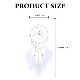 1 Pcs Star Moon Dream Catcher, Handmade Dream Catcher with Feathers, Dream Catcher Decorative, White Dream Catchers, for Vintage, Wedding, Home, Decorations (White + No Light)