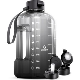 AQUAFIT 1 Gallon Water Bottle with Time Marker - Straw & Chug Lid - BPA Free Gym Water Bottle with Straw - Big Gallon Jug (Midnight Gray, 128 oz - 2 Lids)