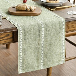 Artoid Mode - Camino de mesa de lino de algodón rústico, color verde salvia, bordado de temporada hueco, decoración de mesa de cocina y comedor para decoración del hogar, fiesta, 13 x 108 pulgadas